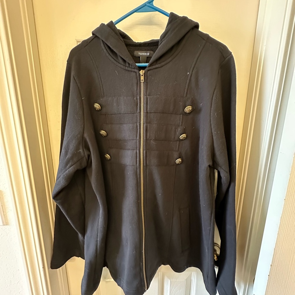Torrid Black Hooded Jacket with Zipper and Button Details